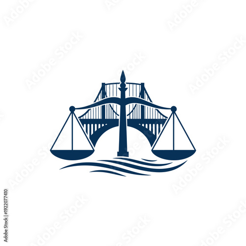 Maritime Law Logo with Bridge and Balance Scales on Waves, isolated white background