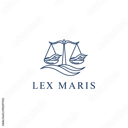 Lex Maris maritime legal services logo with scales of justice above ocean waves, isolated white background.