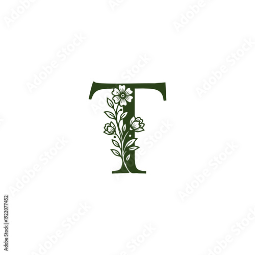 Elegant letter T alphabet monogram with vintage floral ornaments and botanical leaves in hand-drawn engraving style.