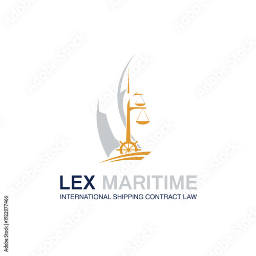 Lex Maritime international shipping contract law logo with scales of justice and ship's wheel, isolated white background.