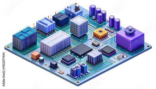 Complex electronic circuit board with various integrated components and connections isolated on transparent background