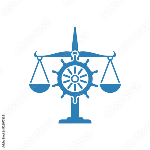Ship's Wheel with Scales of Justice and a Column, Symbolizing Maritime Legal Guidance and Balanced Judgment on an Isolated White Background