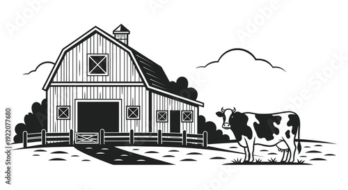 Farm Barn with Holstein Cow, Rural Landscape Vector Illustration