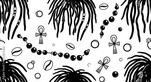 Black and White African Tribal Pattern with Dreadlocks, Ankh Symbols, and Beads