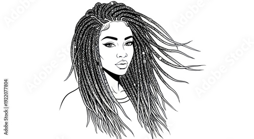 Black Woman Portrait, Braids Hairstyle, Line Art Illustration, Beauty and Style