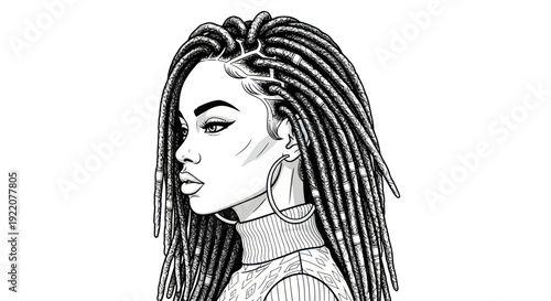 Black Woman Portrait, Dreadlocks Hairstyle, Fashion, Beauty, Line Art Illustration