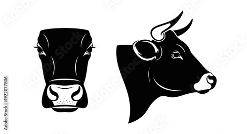 Black Silhouette Cow Head Front and Side Profile Vector Illustration