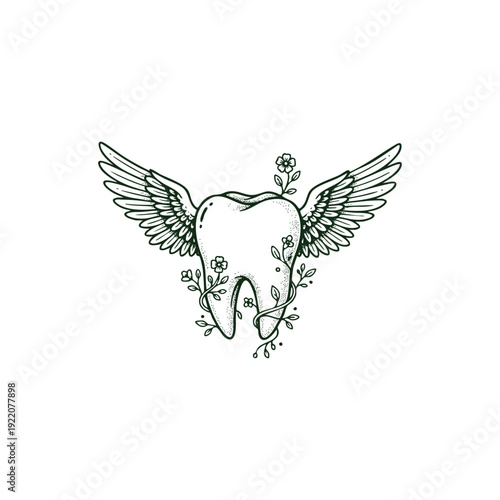 Vintage hand-drawn illustration of a human tooth with elegant wings, entwined with delicate floral vines and blooming wildflowers in a detailed stipple and engraving style.