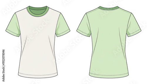 Comparison of two short-sleeved casual t-shirts in different shades of green. isolated on transparent background