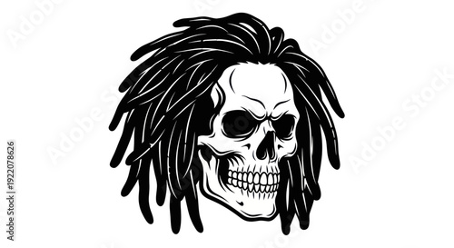 Skull with Black Dreadlocks, Gothic Tattoo Design, Biker Style
