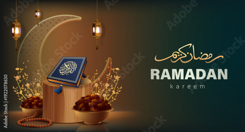 Ramadan Kareem Greeting Banner with 3D Style Quran, Dates and Crescent Moon Vector Illustration 
