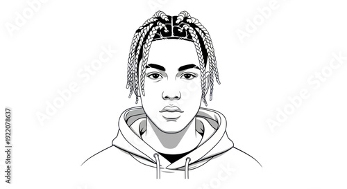 Young Man with Braids and Hoodie, Black and White Portrait