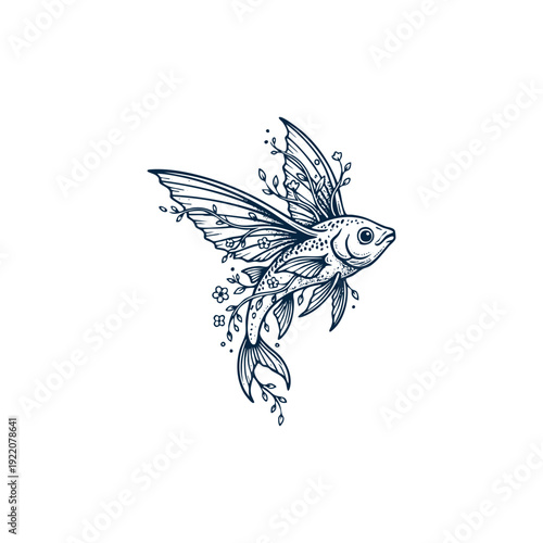 Vintage engraving illustration of a flying fish with elegant wings and blooming floral vines, nautical botanical art isolated on white.