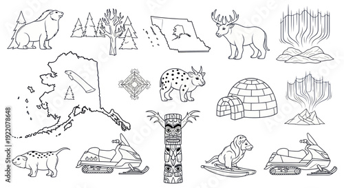 Alaska Icons: Animals, Nature, Culture, and Transport Line Art