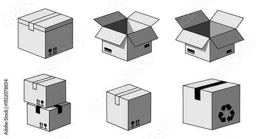 Cardboard Boxes Set: Open, Closed, Stacked, Recycling Symbol