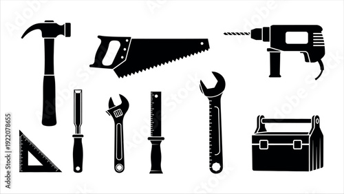 Carpentry Tools Vector Silhouettes Icon Set, Woodworking Equipment Collection including Hammer Saw and Drill, Minimalist Construction Workshop Symbols Isolated on White Background