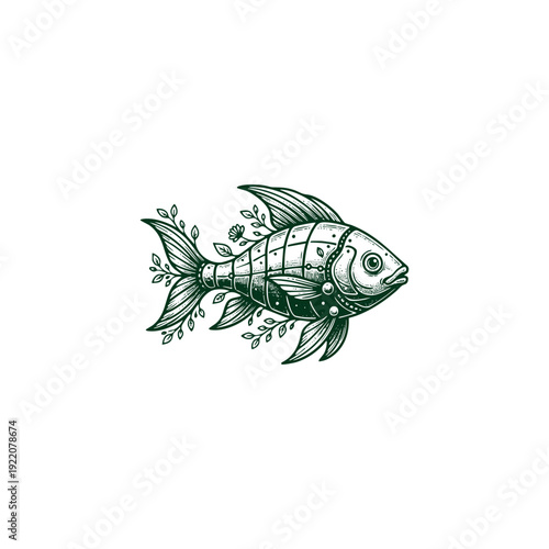 Vintage engraving illustration of a mechanical cybernetic fish with robotic armor and floral vines, steampunk aquatic animal art isolated on white.
