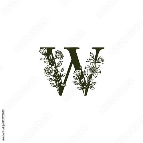 Elegant vintage floral letter W initial with blooming roses and lilies, decorative botanical alphabet engraving isolated on white.