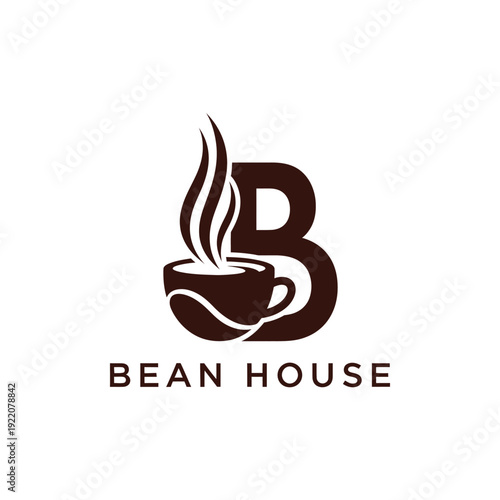 Letter B with coffee cup and bean icon for cafe brand logo by Bean House