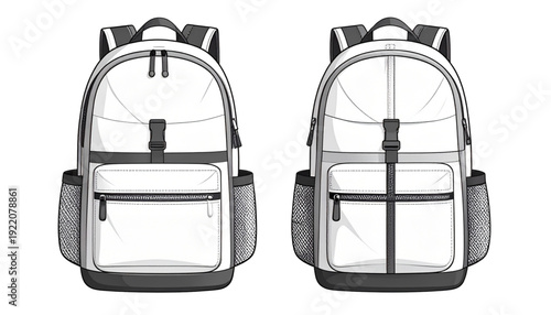 Two views of a classic backpack design showcasing front and back perspectives for comparison isolated on transparent background