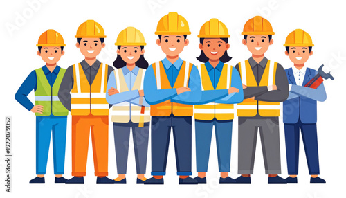 Diverse group of construction workers collaborating on a project site isolated on transparent background