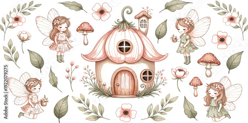 Cute Fairy House and Magical Forest Elements Vector Set with Fairies Mushrooms Flowers and Leaves Fantasy Illustration Collection for Kids Design