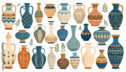 Vibrant collection of ancient pottery and ceramic vessels from various historical cultures isolated on transparent background