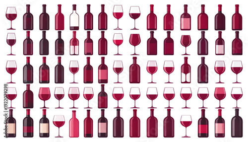 Vintage wine bottles and glasses arranged in a colorful, artistic display isolated on transparent background