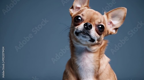 adorable 4k studio footage small curious chihuahua expressive eyes tilting head playfully vibrant blue background perfect pet lovers