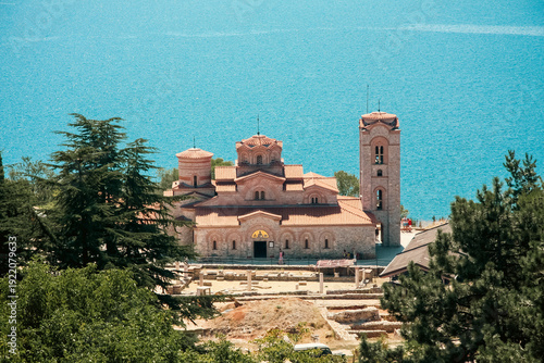 Photos Scenic view of the Plaoshnik Church (Church of Saints Clement and Panteleimon) in Ohrid, North Macedonia, overlooking the turquoise waters of Lake Ohrid