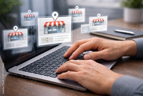 Operating ecommerce sales and managing digital storefront visibility, a hand uses a laptop keyboard with multiple shop floating icon panels hovering above the screen in soft depth lighting.