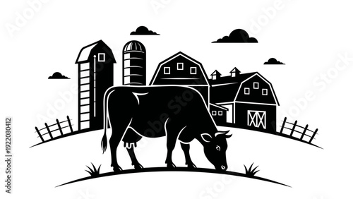 Cow Grazing Near Farm Buildings