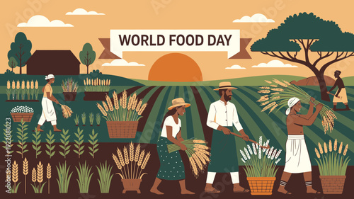 Farmers Working Together on World Food Day vector illustration