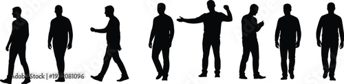 Men silhouettes collection walking standing and gesturing male figures full body vector illustration isolated on white background