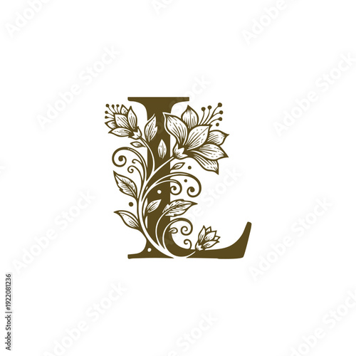 Ornate vintage floral letter L initial with large blooming blossoms and decorative swirls, elegant botanical alphabet engraving isolated on white.
