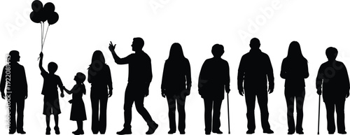 Family silhouettes collection parents children and seniors standing together full body black shadow set isolated on white background