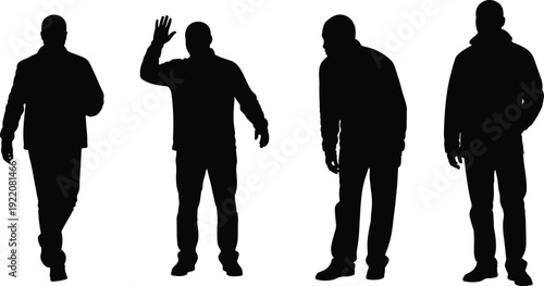 Men silhouettes set casual male figures waving walking standing full body black shadow collection isolated on white background