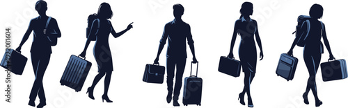 Business travelers silhouettes set men and women walking with suitcases and bags full body isolated on white background