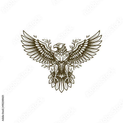 Vintage engraving illustration of a powerful mechanical cybernetic eagle with robotic wings and floral vines, steampunk predatory bird art isolated on white.