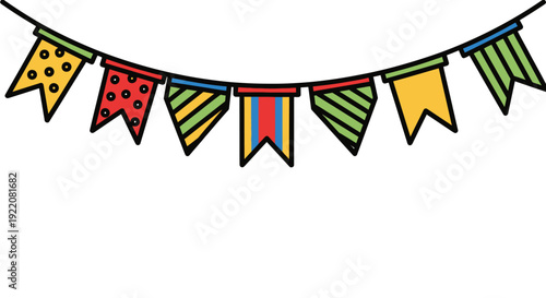 Festive flag garland vector illustration. Retro bunting in simple flat style, isolated on white background. Carnival, birthday, circus border decoration