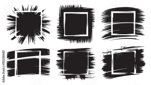 Abstract Black Grunge Square Frames Collection with Paint Stroke and Splatter Effects for Modern Graphic Design