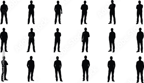 Standing men silhouettes collection full body male figures in different poses black shadow set isolated on white background