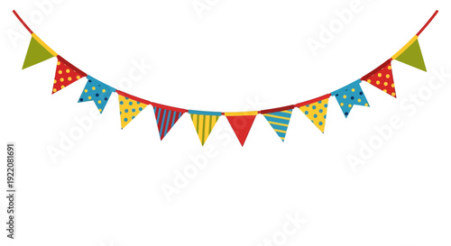Festive flag garland vector illustration. Retro bunting in simple flat style, isolated on white background. Carnival, birthday, circus border decoration