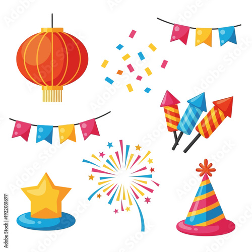 Festive celebration elements including Chinese lantern, party hat, bunting flags, confetti, and fireworks for joyous occasions