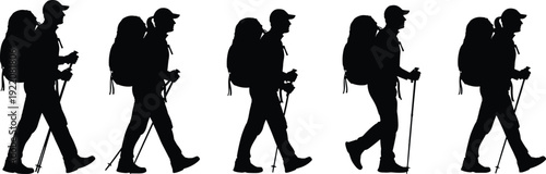 Hiker silhouettes set walking man with backpack and trekking poles full body side view isolated on white background