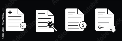 set of paper document and clipboard icon thin line style. quality control, checklist, clipboard document page with check mark, magnifier, pencil icon. clipboard with list icon in outline and solid. 