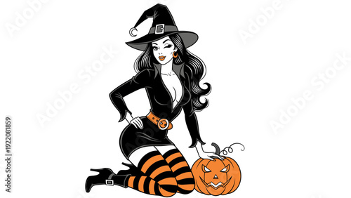 Pinup Witch with Pumpkin