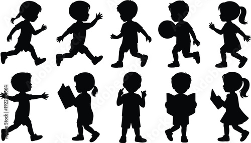 Kids silhouettes set children playing running reading and holding ball full body black shadow collection isolated on white