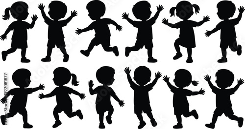 Happy kids silhouettes set children jumping dancing and playing full body black shadow collection isolated on white background