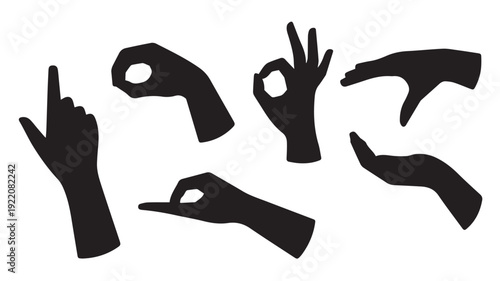 Set of six diverse hand gestures illustrating different actions and communication signals